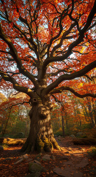 Ancient beech tree ablaze with fiery reds and oranges, forest floor carpeted in fallen leaves, hour sunlight filtering through canopy, woodland path winding beneath gnarled branches.