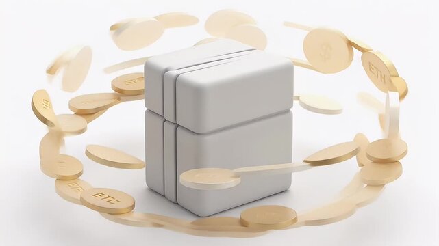 3D Rendering of White Storage Block with Golden Cryptocurrency Coins Orbiting