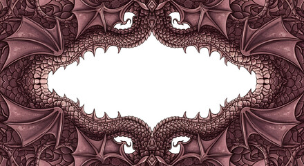 Intricate Pixel Art Dragon Border Design with White Space for Text and Graphics Fantasy Creatures Motif Medieval Theme in Sepia Tones and Detailed