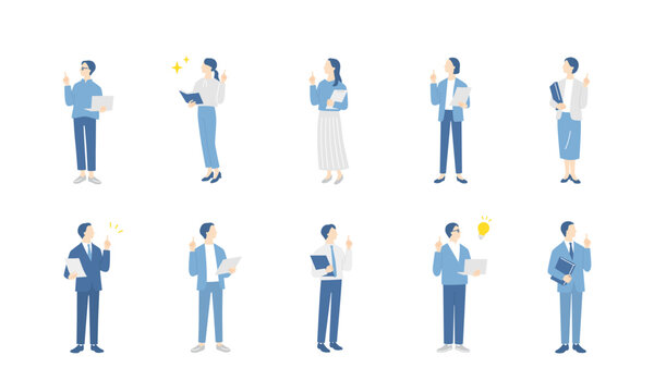 PCや書類ファイルを持ってひらめいているビジネスパーソンの全身イラストセット