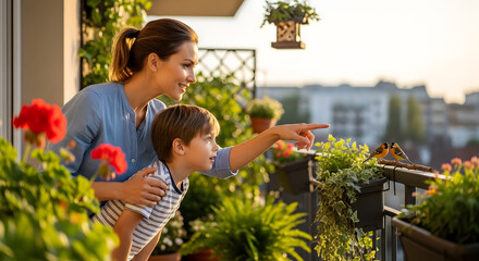 Fototapeta premium A woman and a young boy pointing at small birds perched on a railing surrounded by potted plants and city view
