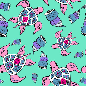 Sea Turtle Ocean Pattern with Shells &ndash; Marine Animal Illustration