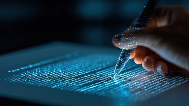 Futuristic digital signature process with electronic pen on glowing screen
