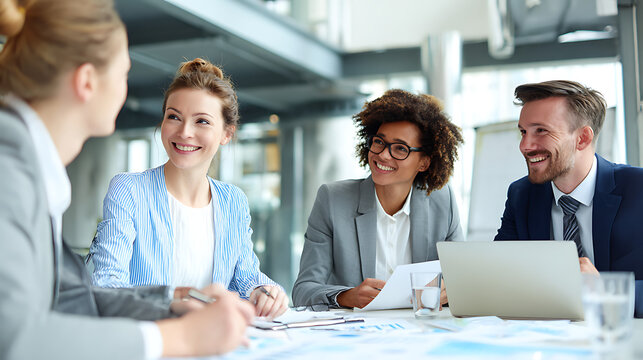 Diverse team collaborates around a modern conference table. One member leans forward, actively engaging with colleagues. Laptops, glasses, and documents sit on the table