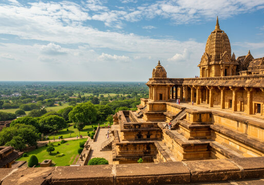 Monumental temple complex with carved pillars and spires, overlooking lush countryside, historic architecture, cultural heritage site, tourist destination.