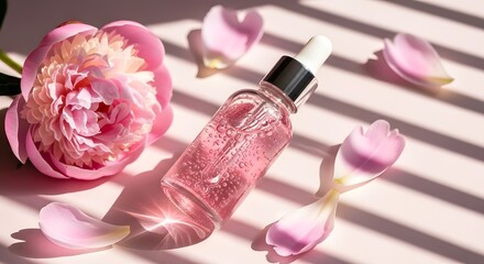 Pink Skincare Serum Dropper Bottle with Peony Flower