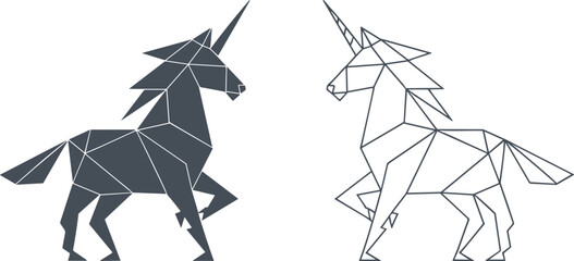 Geometric origami unicorn silhouette and outline on white background mythical creature polygonal © MDZAKARIAHAYAT