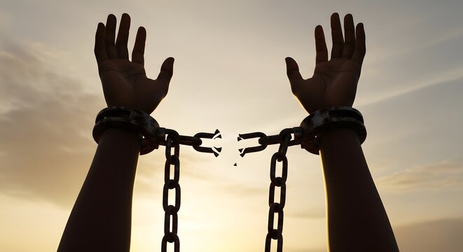 Silhouette of two hands breaking free from chains at sunset with a sense of liberation and freedom