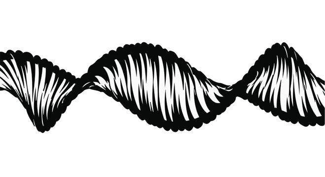 Abstract black and white graphic representing a DNA helix on a white background.
