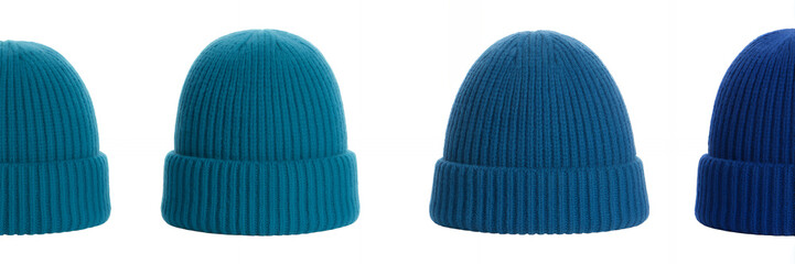 Four blue knit beanies in different shades hats ribbed