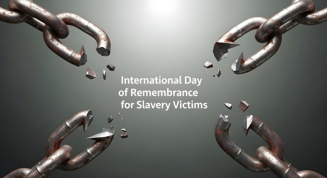 International day of remembrance for slavery victims and the transatlantic slave trade awareness concept with broken chains on dark background