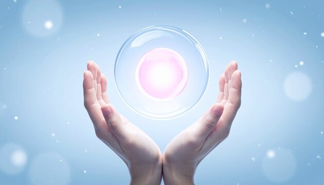 3D Illustration of Protecting Cryopreserved Eggs or Stem Cells in Both Hands.