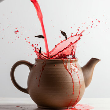 Vibrant red hibiscus tea pouring into ceramic teapot, tea leaves flying, liquid splash, studio shot, high speed, beverage art.