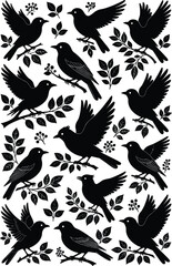 Black Bird Silhouettes Set with Flying and Perching Songbirds on Leafy Branches Isolated on White Background for Spring Nature Decor Laser Cutting and Crafts