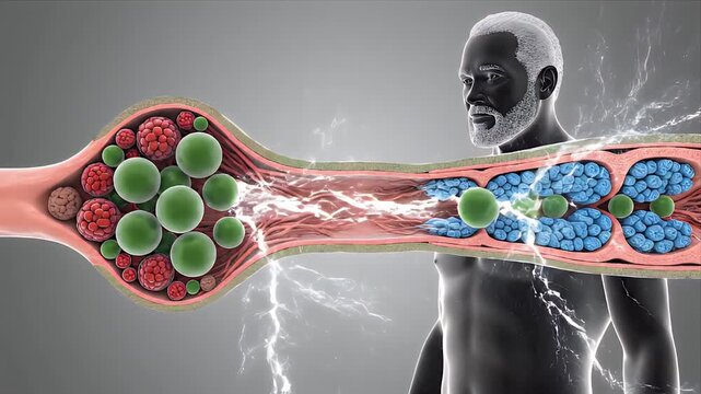 3D Medical Animation Depicting Blood Flow with Red Blood Cells White Blood Cells and Pathogens in Arterial Vessel Section Through Elderly Male Body