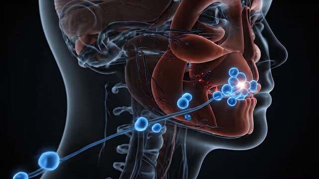 3D Medical Animation Depicting Human Salivary Gland Anatomy and Function With Glowing Blue Nodes Representing Fluid or Secretion