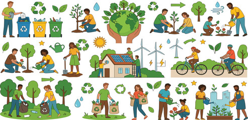 Obraz premium Illustration of environmental awareness and sustainable living with people engaged in eco-friendly activities and nature conservation
