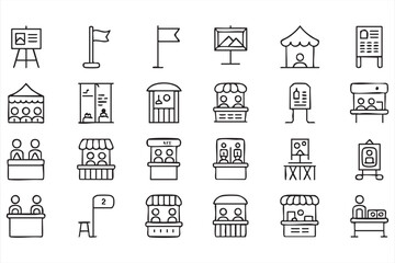 Marketplace vendor stand and retail kiosk line icon set isolated vector symbols © Icon Nest