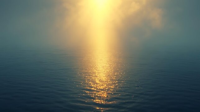Golden light over calm ocean with spiritual energy love faith hope goodness shining in peaceful divine horizon glow