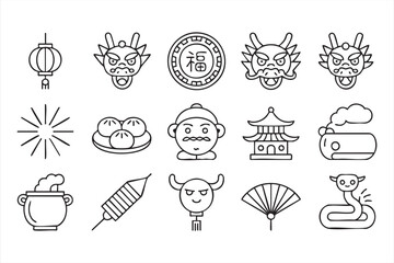 Asian cultural symbol collection including temple pagoda dumpling and zodiac snake © Icon Nest