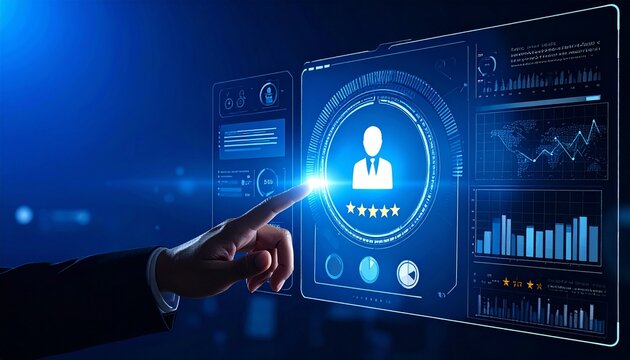 Customer satisfaction assessment through digital interface, evaluating user experience with rating system and performance analytics