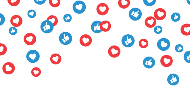 Colorful social media icons with hearts and thumbs up scattered on white background in a vector graphic illustration