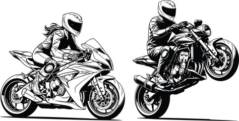 Sport motorcycle riders illustration set, male and female bikers performing racing and wheelie stunt isolated detailed vector design © Sahariya