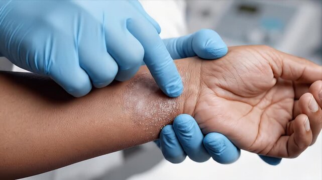 Close up of medical professional's gloved hands examining a patient's wrist with dry scaly skin and white patches in a clinical setting with soft lighting and a blurred background