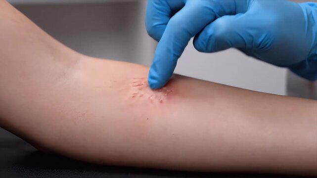 Close Up Teenage Forearm Shows Clustered Red Bumps Under Medical Examination by Gloved Hand
