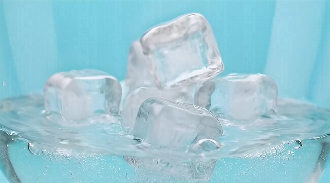 Close up of multiple ice cubes floating in clear water against light blue backdrop