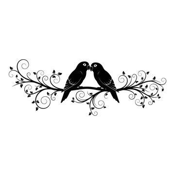 Two crows perched gracefully on an elegant, swirling branch design Vector, illustration