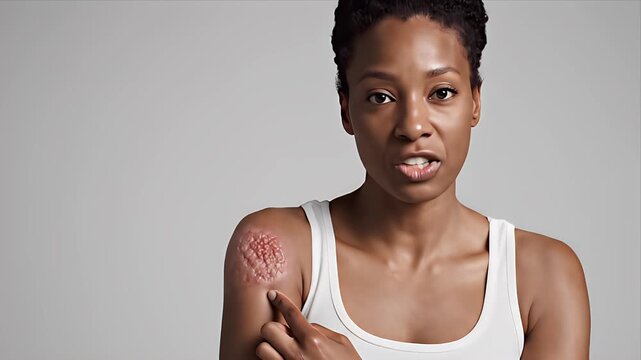 Medium shot of a dark-skinned adult woman with a skin rash on her arm pointing to the affected area isolated on a neutral gray background showcasing a medical condition awareness concept