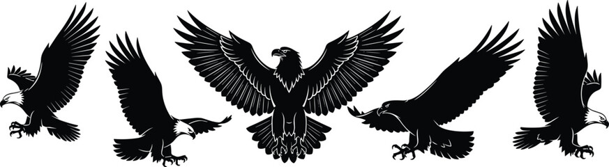 Obraz premium Collection of black eagle silhouettes in flight, including bald eagles with wings spread for freedom, nature, wildlife, and patriotic designs.