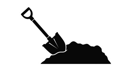 Simple black and white illustration of a shovel digging into a pile of dirt © msunny93