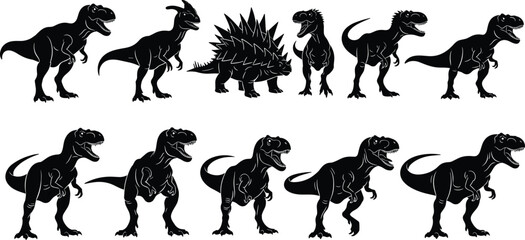 Collection of black dinosaur silhouettes including Tyrannosaurus Rex, Stegosaurus, and Parasaurolophus for prehistoric designs, ancient wildlife education, and monster themed graphics. © SREEDEBSRE