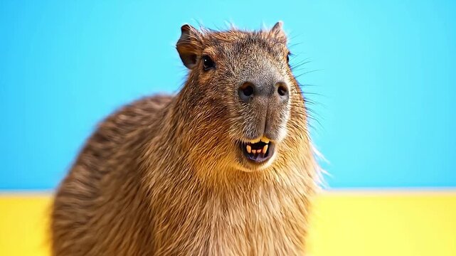 Close-up shot of a curious capybara with a bright blue and yellow background, showcasing its unique features and charming personality
