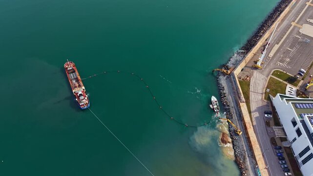 A large boat is anchored in turquoise water while a smaller vessel is near the shoreline. Rocks and construction equipment are visible on the land next to the water.