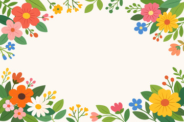 Obraz premium Colorful Floral Background with Flat Vector Illustration of Spring Flowers and Green Leaves. Elegant Botanical Frame and Border Design on Light Background for Greeting Cards and Invitations.