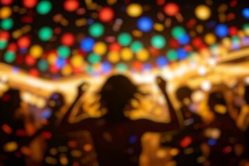 Obraz premium Defocused party scene with dancing people and vibrant bokeh lights in the background, illustrating celebration, music festival energy, and joyful nightlife event.