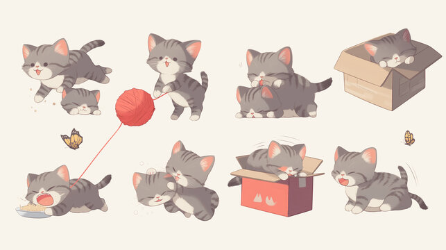 Cute cartoon cats are playing with yarn, sleeping in boxes, eating food, and interacting with butterflies in various playful poses