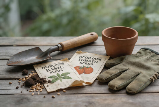 Rustic wooden gardening trowel lying on open heirloom seed packets with scattered dark soil, worn canvas gardening gloves, and small terracotta pot on weathered wooden surface. Soft diffused...