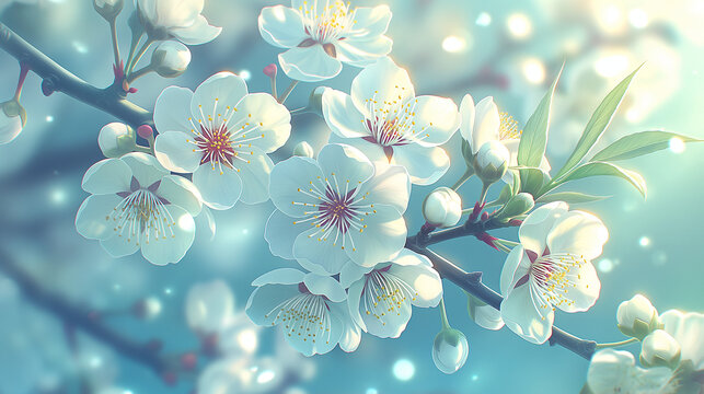 Delicate white cherry blossoms bloom on a branch with soft light and bokeh effects