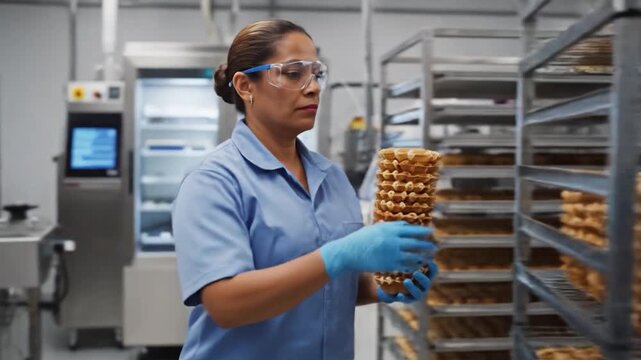 Food production worker stacking freshly baked waffles on a conveyor belt