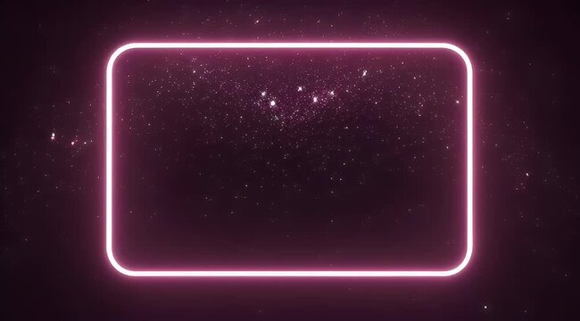 Pink neon rectangle on a dark background with light sparkling particles