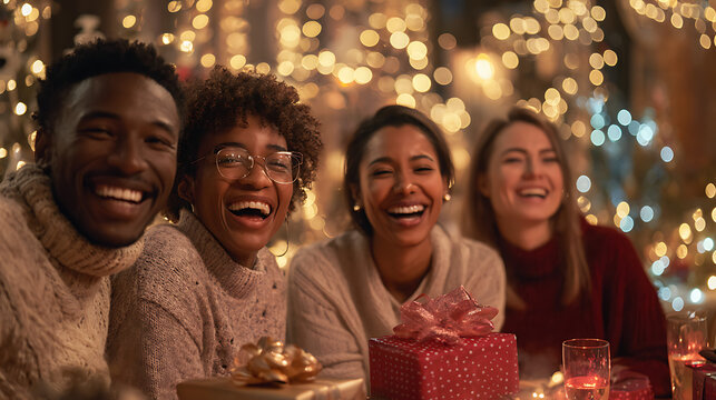 Friends laugh together at a festive table. Warm lights glow behind them softly. They share joyful moments with wrapped gifts. Cozy sweaters and scarves complete their outfits