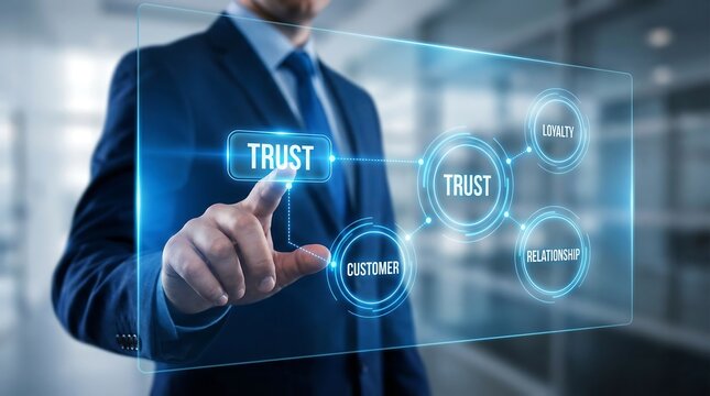 A professional businessman points to the illuminated "TRUST" button on a futuristic transparent display, connecting it to related circles of customer, loyalty, and relationship.