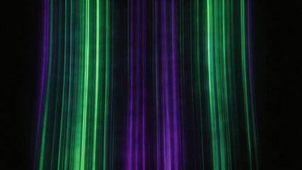 Abstract glowing light streaks with vertical electric green purple neon ribbons on dark void...