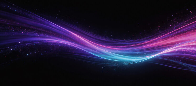 Abstract digital art with glowing particle streams light trails on dark background featuring diagonal waves in deep violet magenta cyan smooth gradients high contrast texture