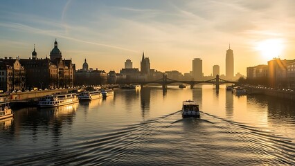 Fototapeta premium breathtaking sunrise illuminates a city skyline with a boat creating ripples on the river, reflecting the golden light.