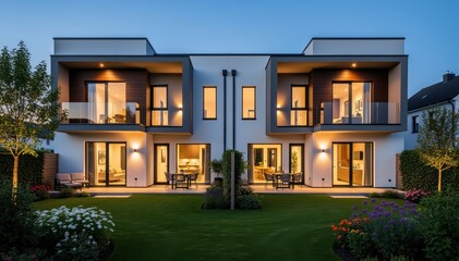 Fototapeta premium Modern Duplex Home at Dusk: A contemporary duplex home, illuminated by warm interior lights, exudes a sense of modern comfort and style.